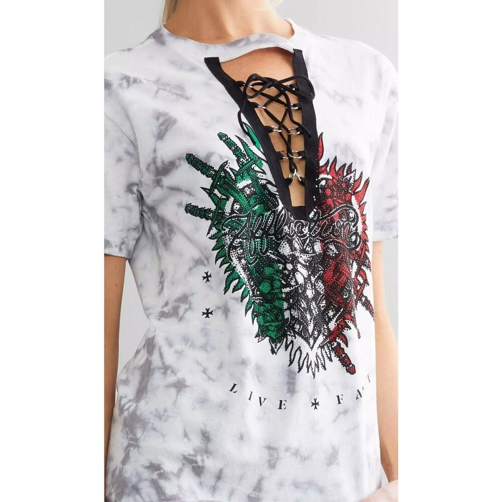 Affliction Black Label White Tie Dye Graphic Tee Short Sleeve Women's T-shirt L - Picture 3 of 6